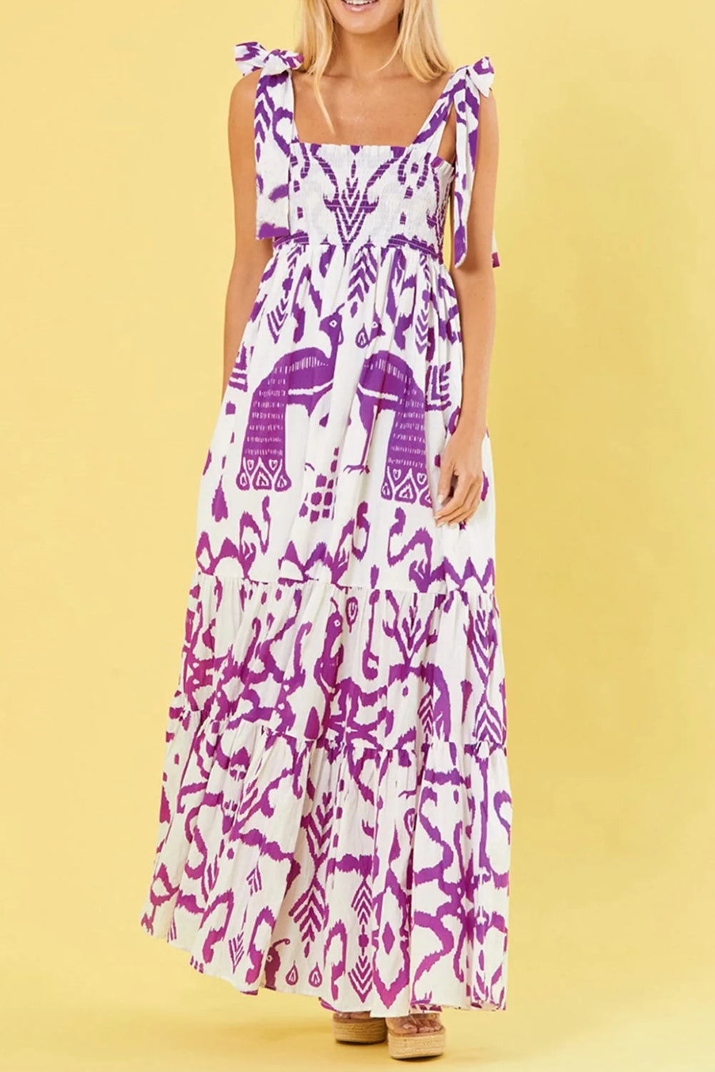Naomi - Boho Gingham Smocked Maxi Dress with Tied Straps