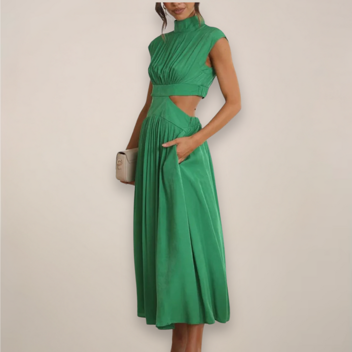 Elegant Maxi Dress with Cap Sleeves and Cut-Out Waist