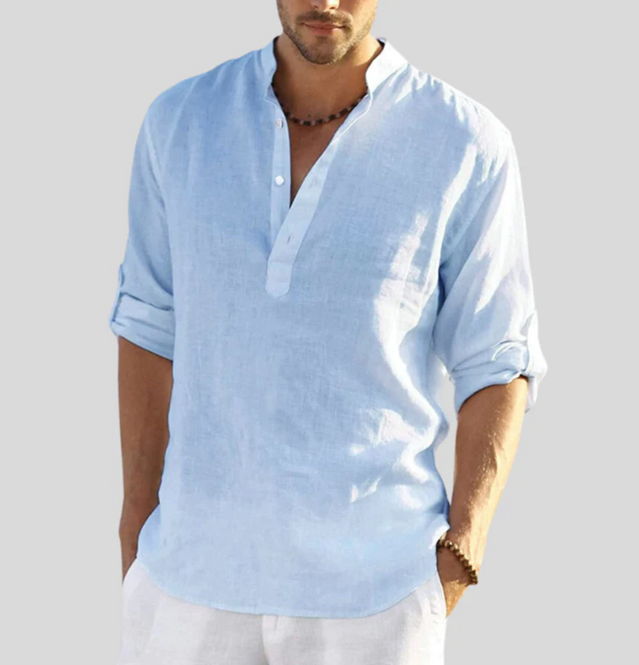 Men’s Relaxed Linen Fit Summer Shirt – Lightweight V-Neck with Button Placket and Rolled Sleeves