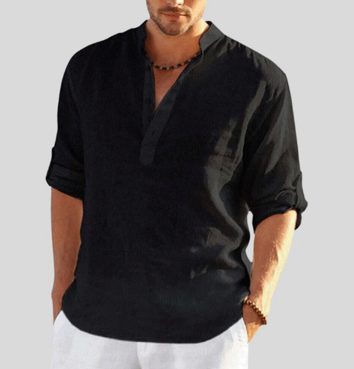 Men’s Relaxed Linen Fit Summer Shirt – Lightweight V-Neck with Button Placket and Rolled Sleeves