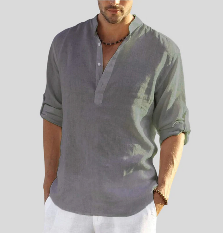 Men’s Relaxed Linen Fit Summer Shirt – Lightweight V-Neck with Button Placket and Rolled Sleeves