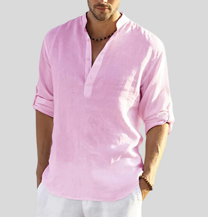 Men’s Relaxed Linen Fit Summer Shirt – Lightweight V-Neck with Button Placket and Rolled Sleeves