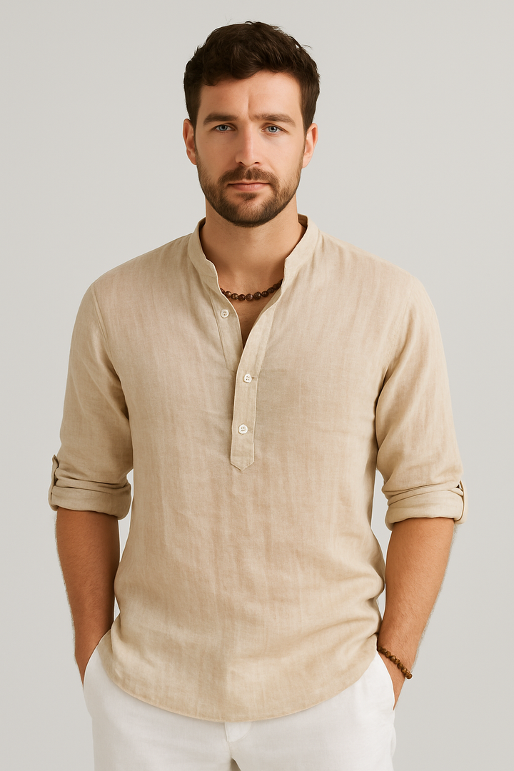 Men’s Relaxed Linen Fit Summer Shirt – Lightweight V-Neck with Button Placket and Rolled Sleeves
