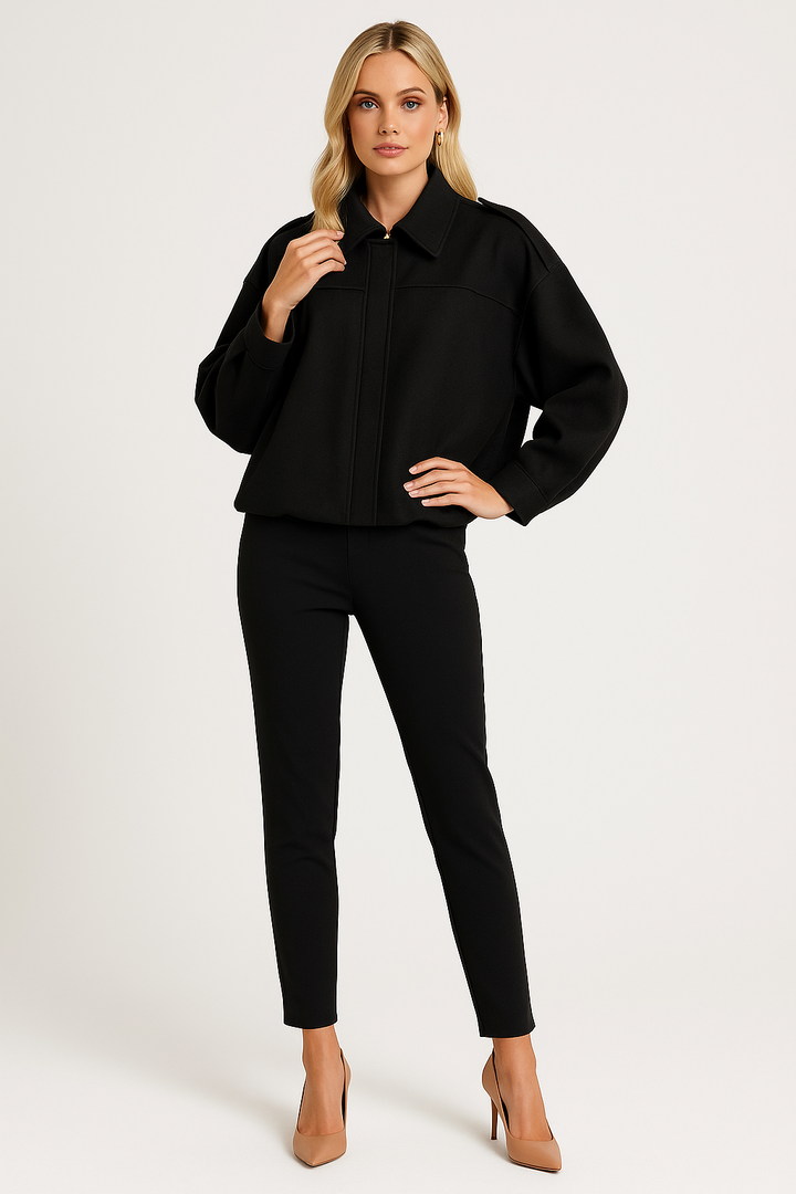 Women's Cropped Bomber Jacket with Modern Lapel Collar