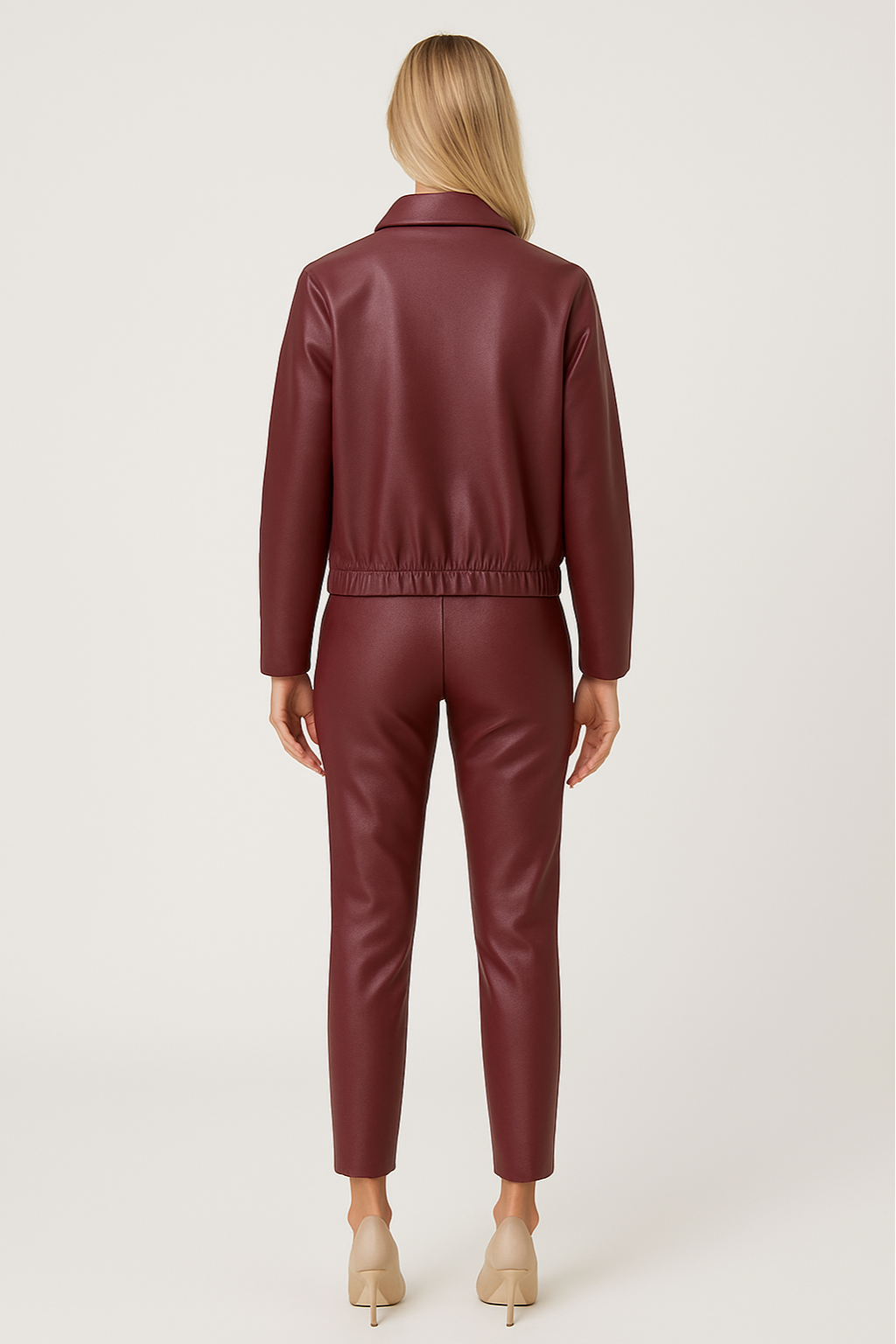 Women's Leather Jacket with Front Zip and Structured Lapel Collar