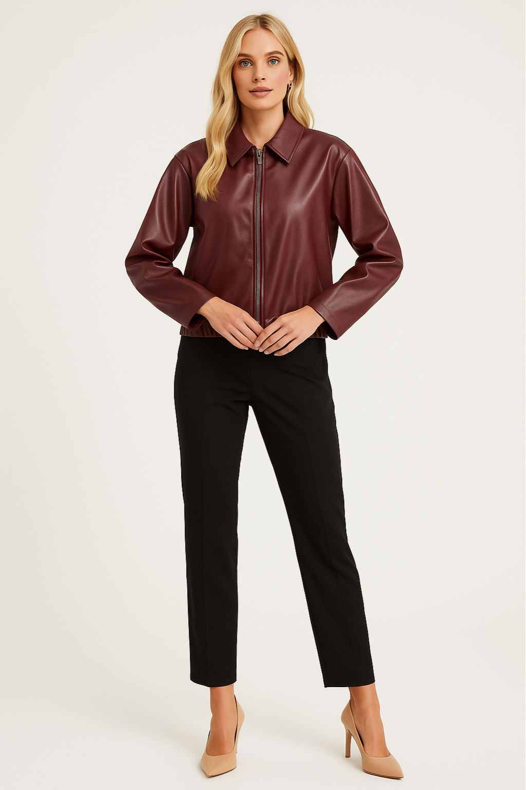 Women's Leather Jacket with Front Zip and Structured Lapel Collar