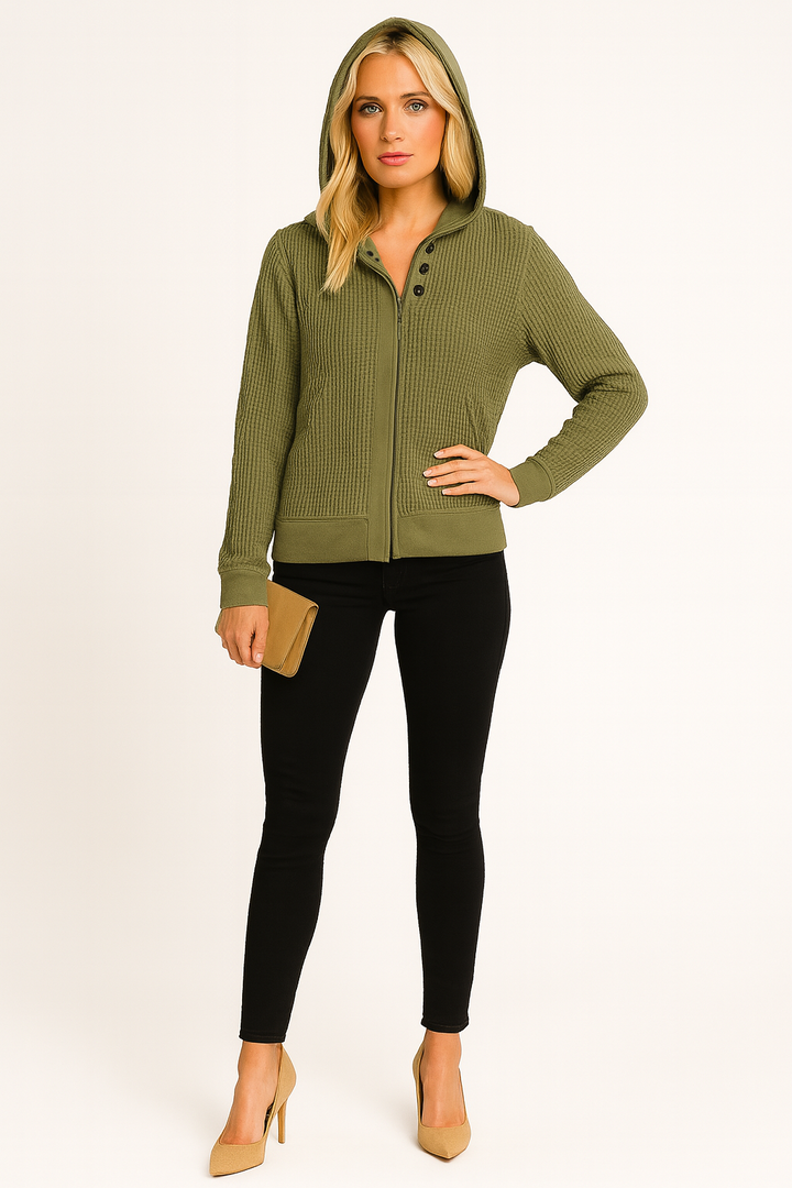 Women's Hooded Waffle-Knit Zip-Up Jacket
