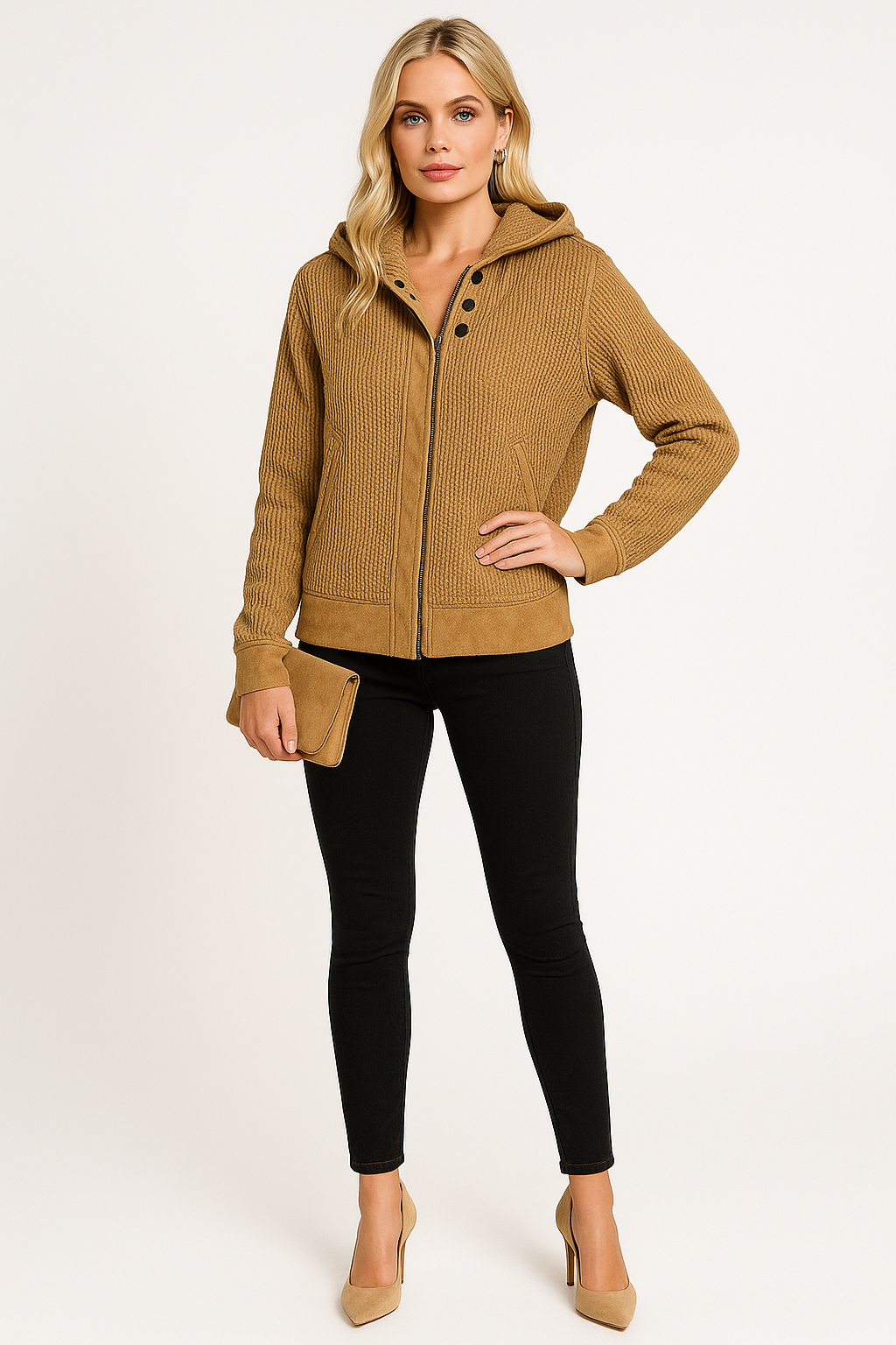 Women's Hooded Waffle-Knit Zip-Up Jacket