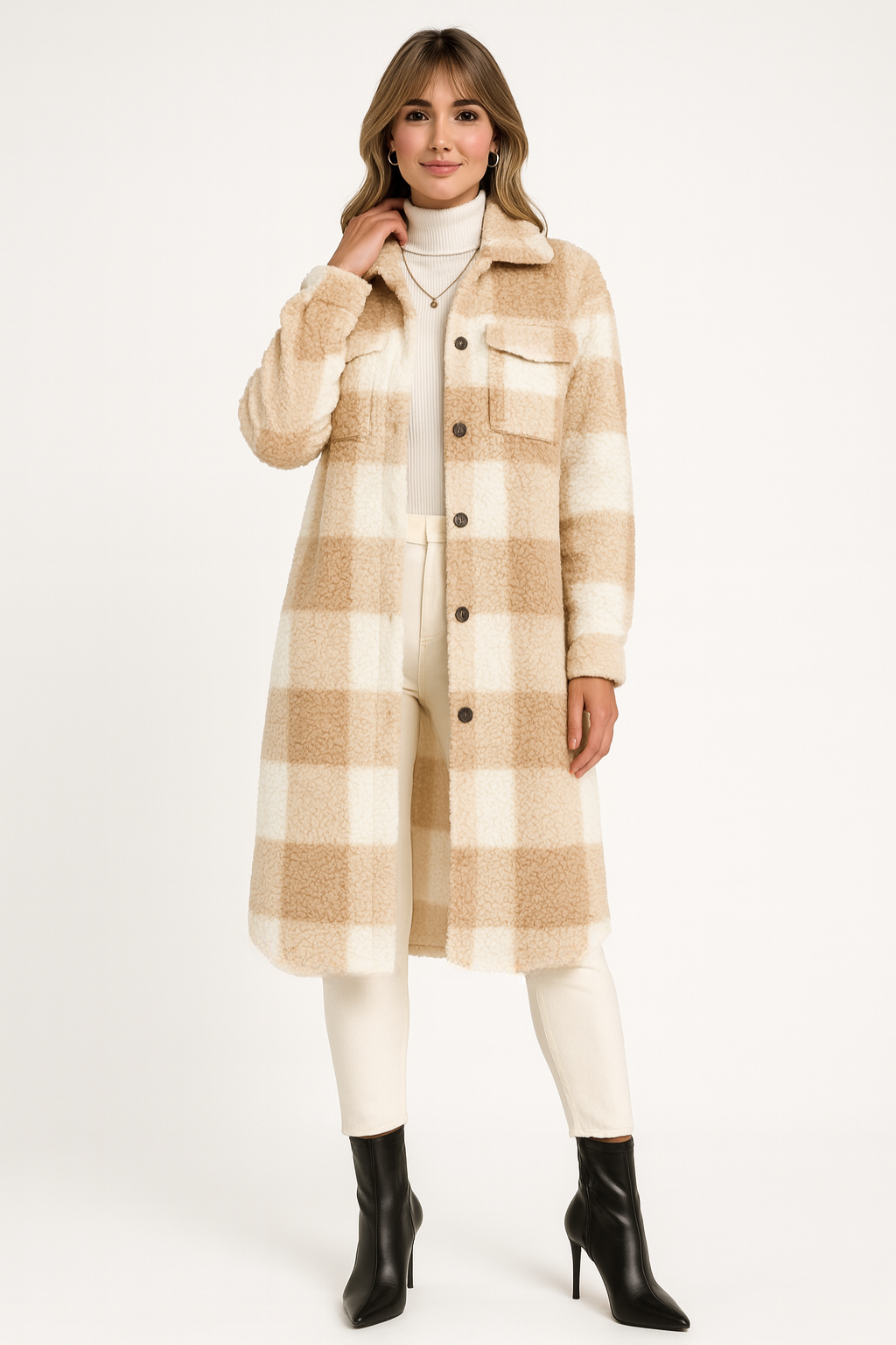 Women's Long Plaid Teddy Fleece Coat