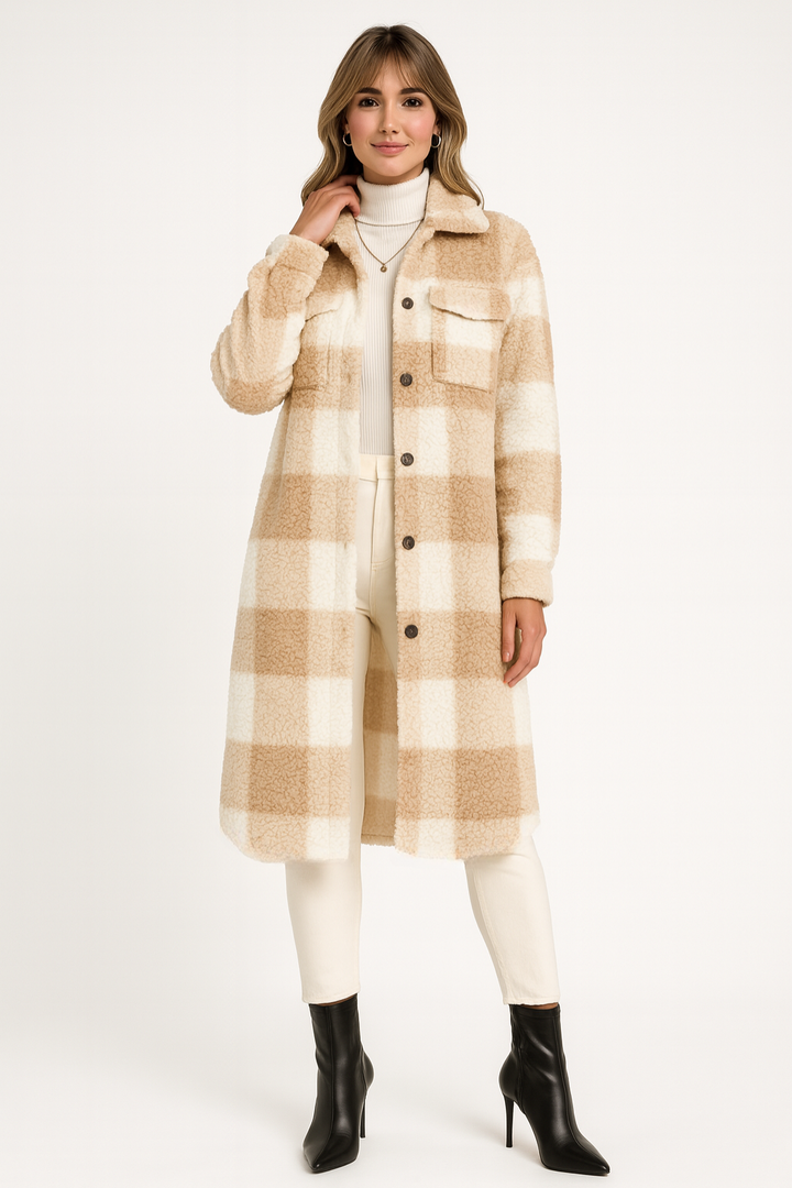 Women's Long Plaid Teddy Fleece Coat