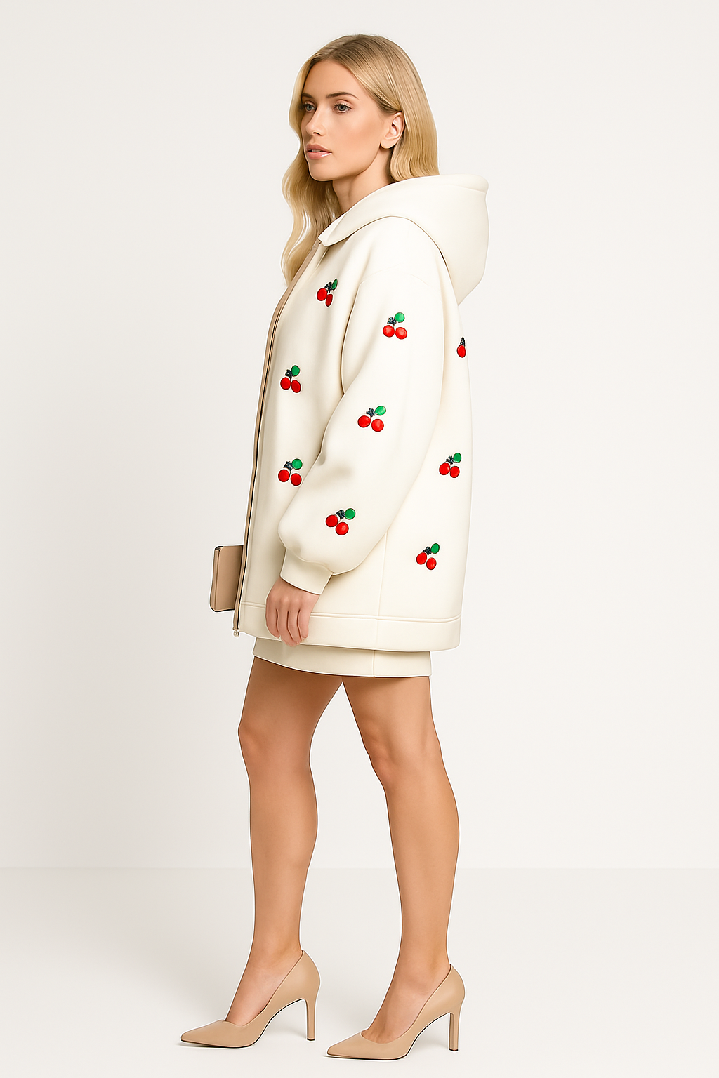 Women's Oversized Hooded Jacket with Cherry Print