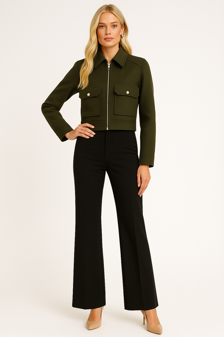 Women's Short Bomber Jacket with Lapel Collar