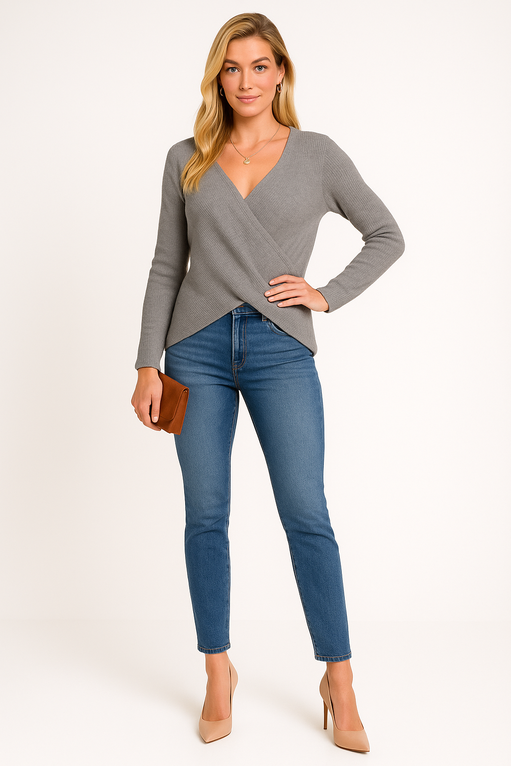 Women's V Neck Long Sleeve Wrap Sweater