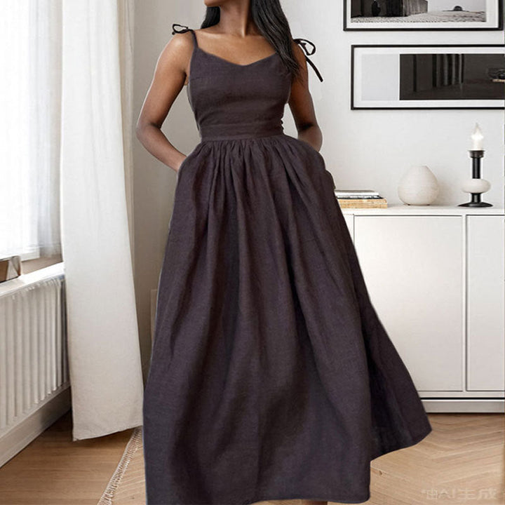 Women’s Linen Midi Dress – V-Neck – Open Back – Adjustable Tie Straps – Side Slit