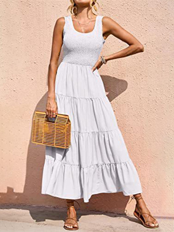 Regina - Smocked Bodice Maxi Dress with Tiered Pleated A-line Skirt