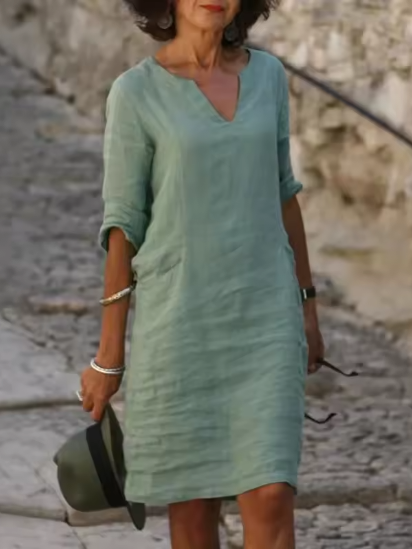 Mila - V-Neck Cotton Linen Dress with Mid Sleeves and Slim Fit
