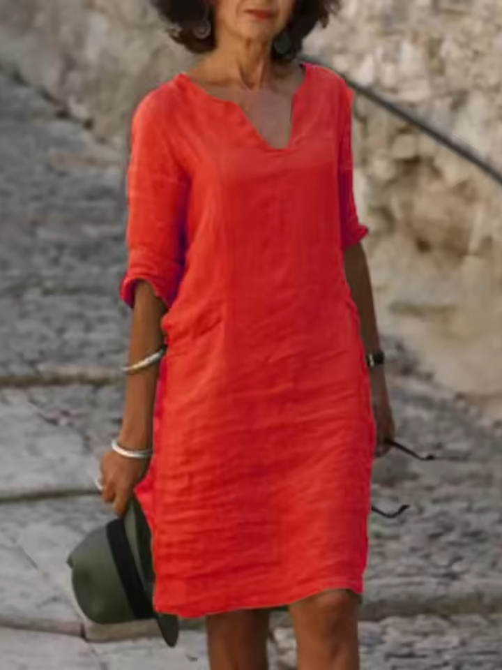 Mila - V-Neck Cotton Linen Dress with Mid Sleeves and Slim Fit