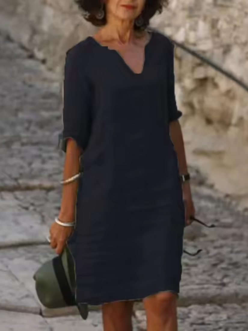 Mila - V-Neck Cotton Linen Dress with Mid Sleeves and Slim Fit