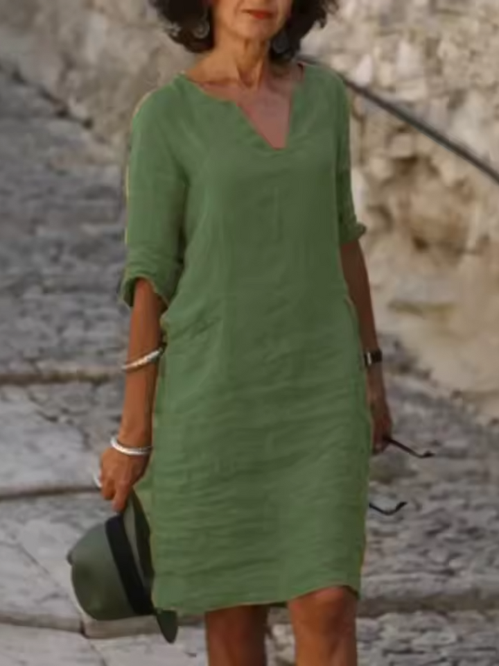 Mila - V-Neck Cotton Linen Dress with Mid Sleeves and Slim Fit