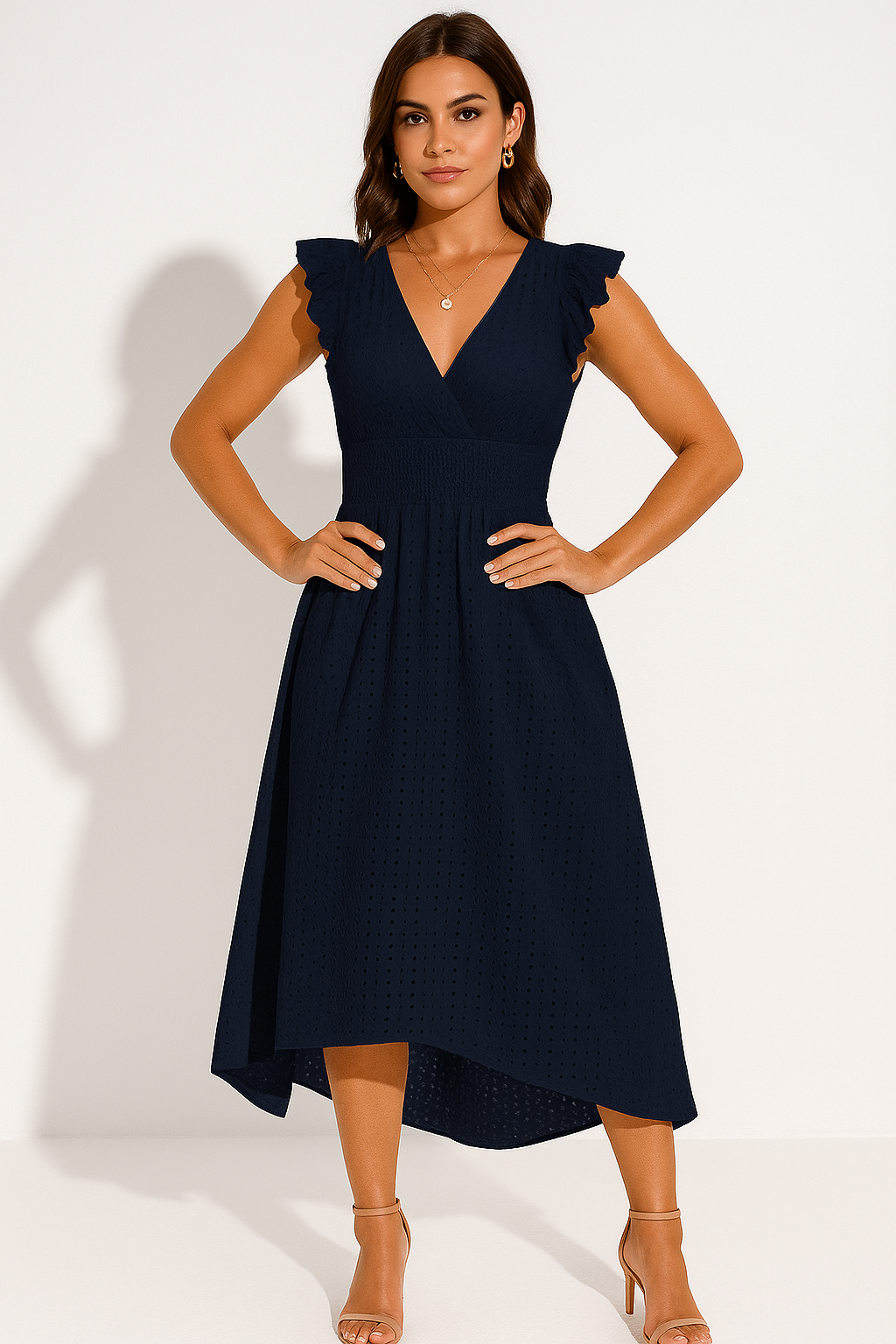 Women’s Eyelet Midi Dress with Flutter Sleeves