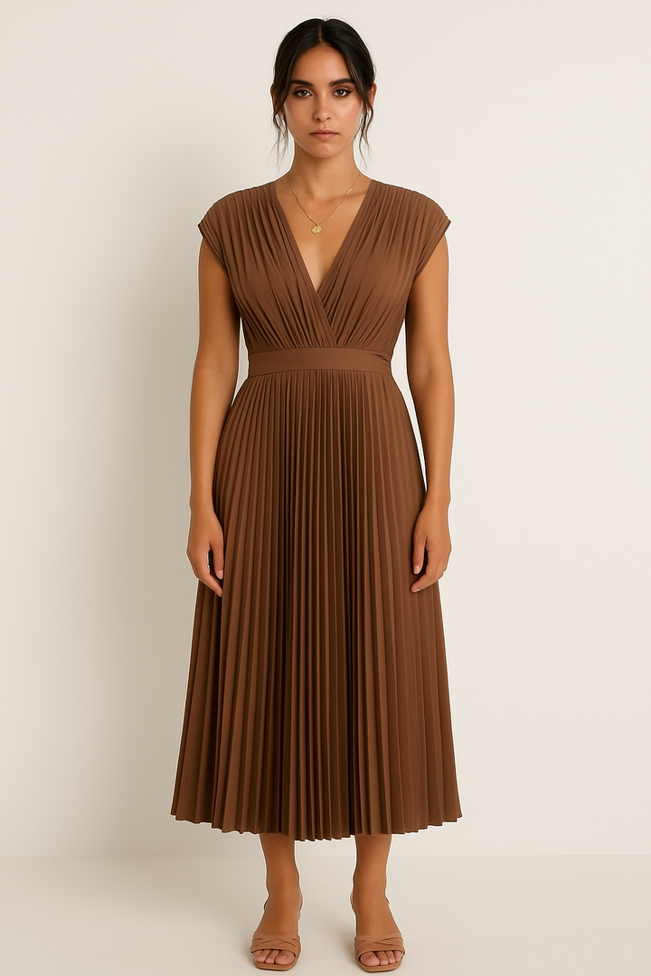 Women's Elegant V-Neck Pleated Midi Dress