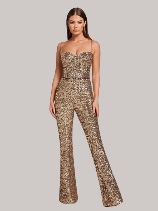 Elizabeth - Women’s Strapless Glitter Jumpsuit with Waist Belt