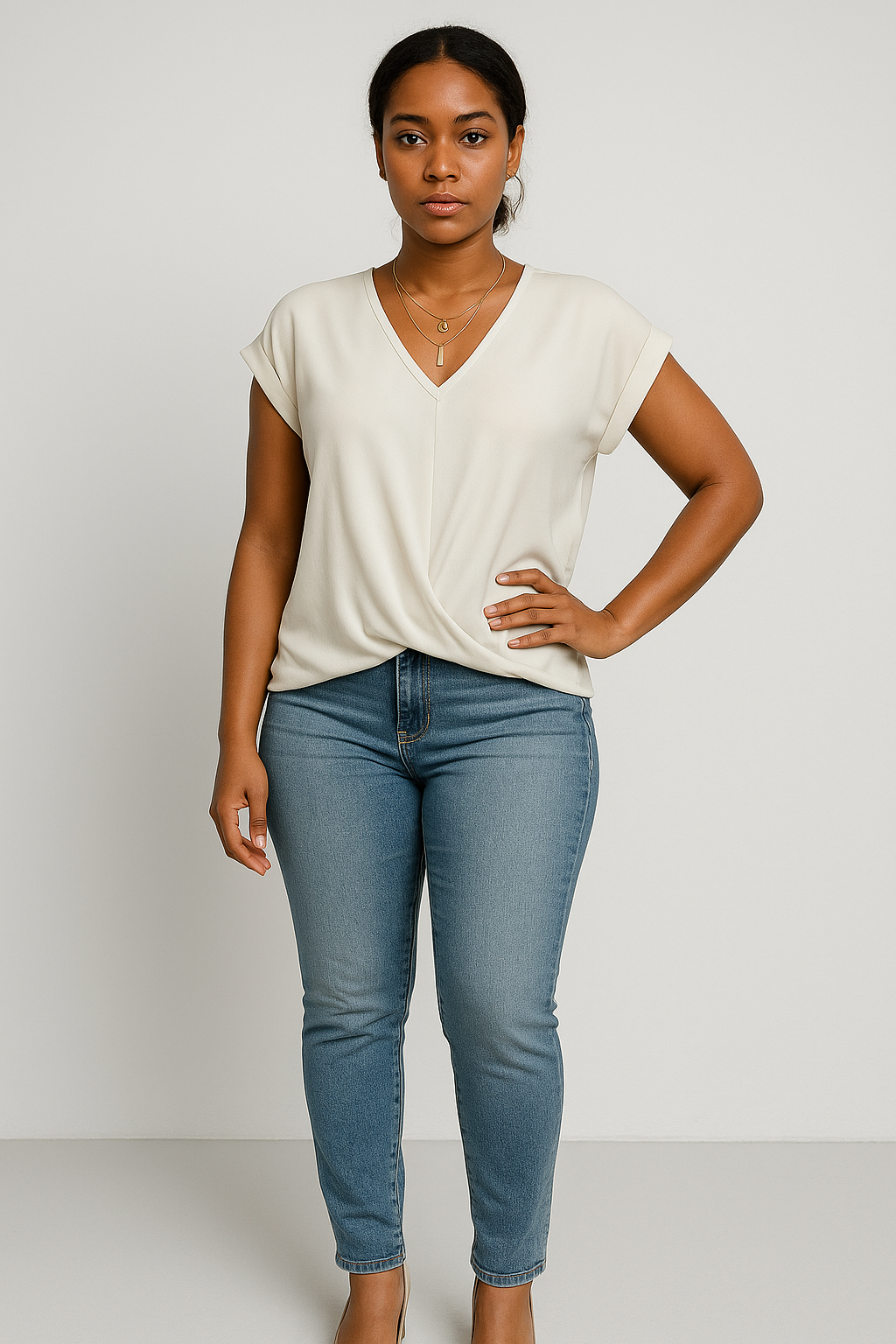 Women’s V-Neck Draped Short Sleeve Blouse