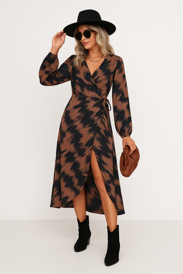 Geometric Print V-Neck Long Sleeve Midi Dress
