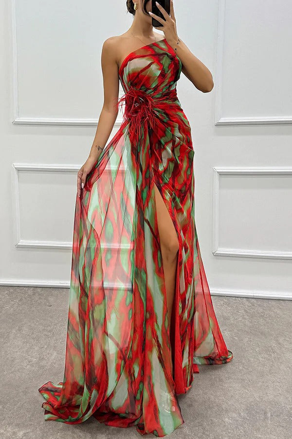 Sophia - Off-Shoulder Slit Printed Maxi Dress