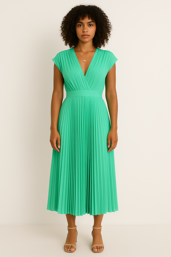 Women's Elegant V-Neck Pleated Midi Dress