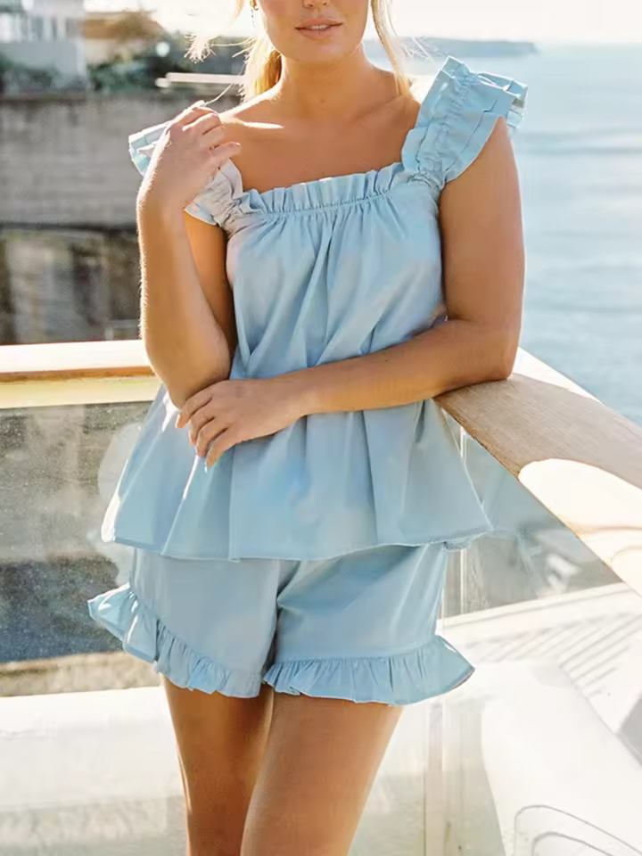 Mirabel - Ruffled Sleeveless Top and Shorts Set Summer Breeze Cotton Blend