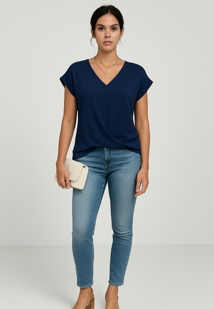 Women’s V-Neck Draped Short Sleeve Blouse