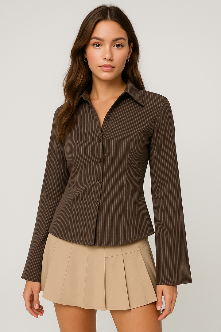 Women’s Brown Pinstripe Fitted Button-Up Blouse