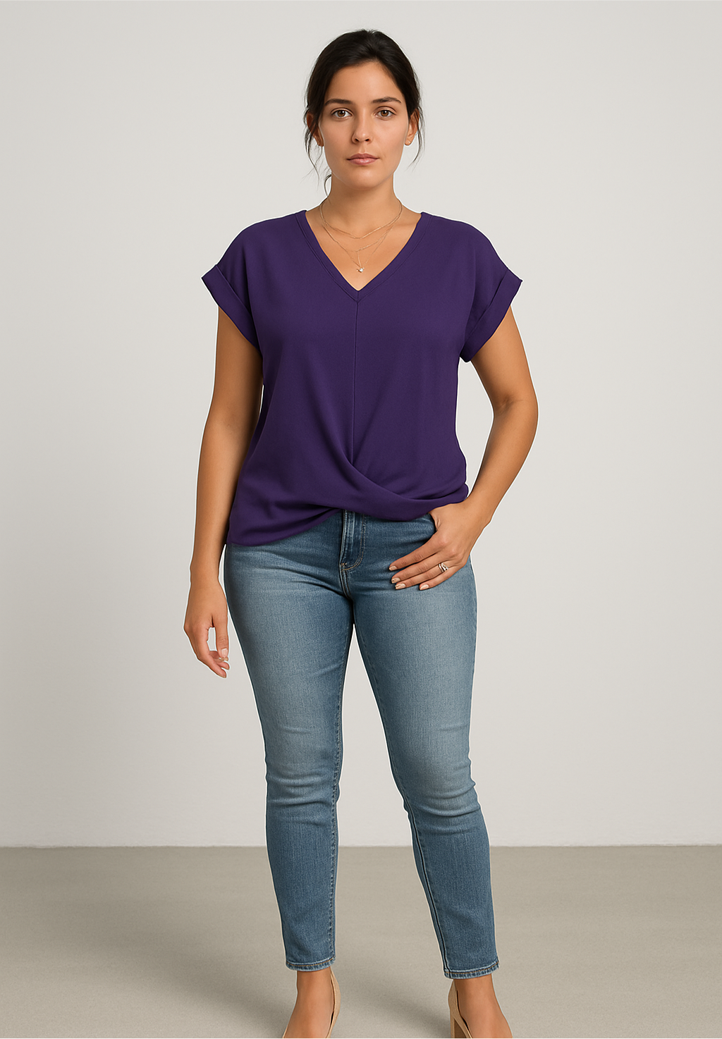Women’s V-Neck Draped Short Sleeve Blouse