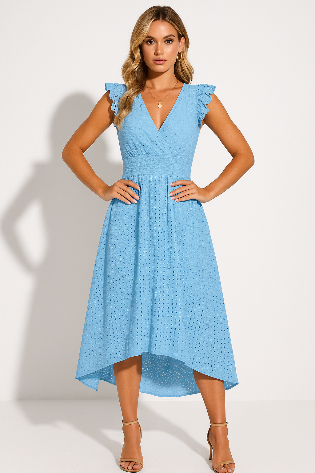 Women’s Eyelet Midi Dress with Flutter Sleeves