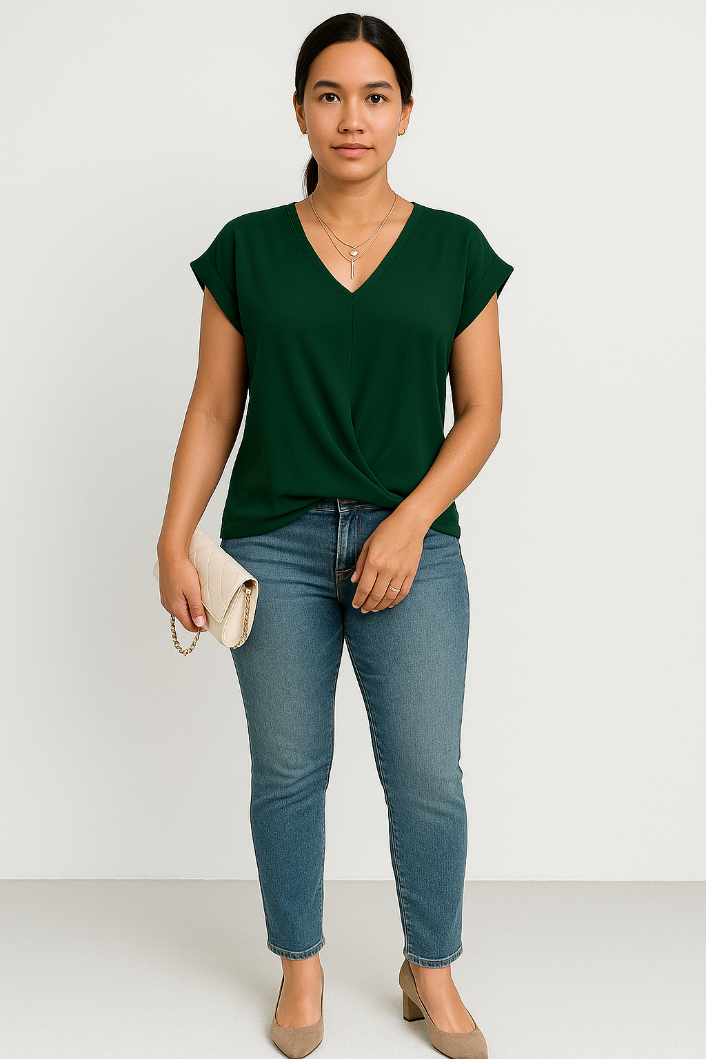 Women’s V-Neck Draped Short Sleeve Blouse