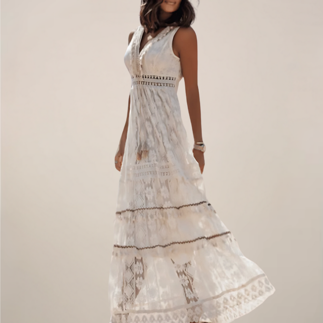 Bohemian Maxi Dress – Empire Waist, V-Neck, Sleeveless
