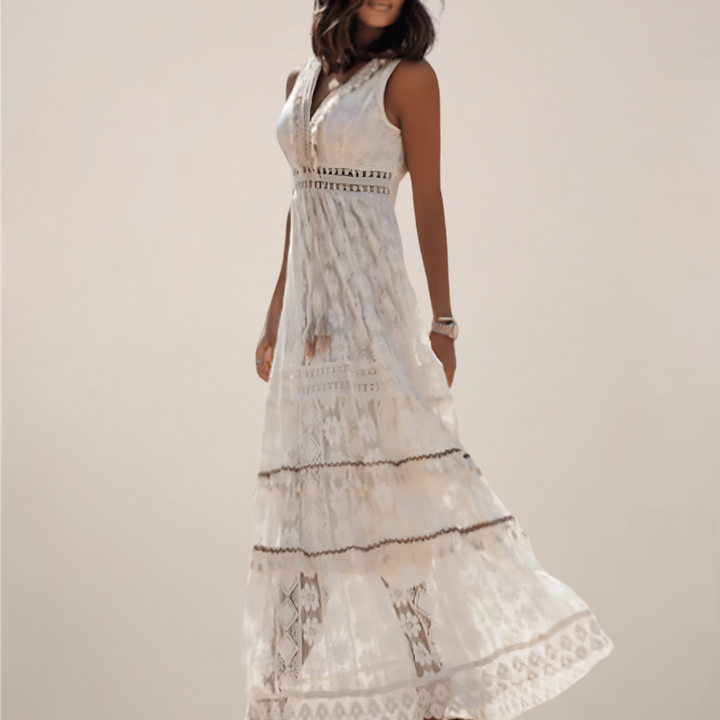 Bohemian Maxi Dress – Empire Waist, V-Neck, Sleeveless