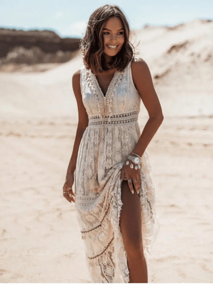 Bohemian Maxi Dress – Empire Waist, V-Neck, Sleeveless