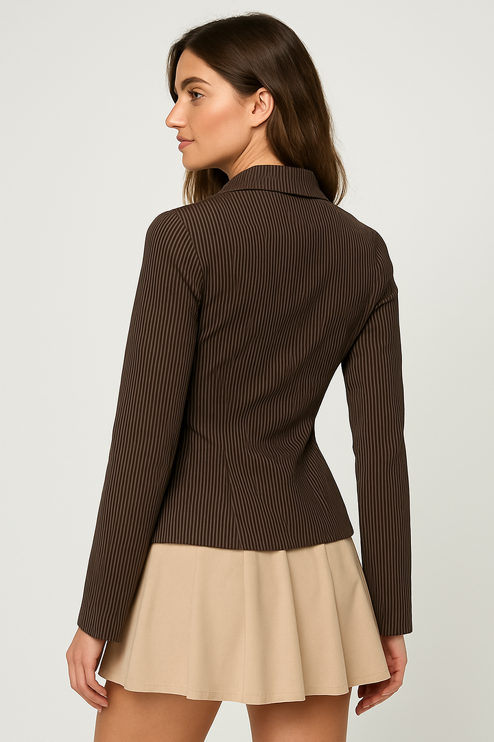 Women’s Brown Pinstripe Fitted Button-Up Blouse