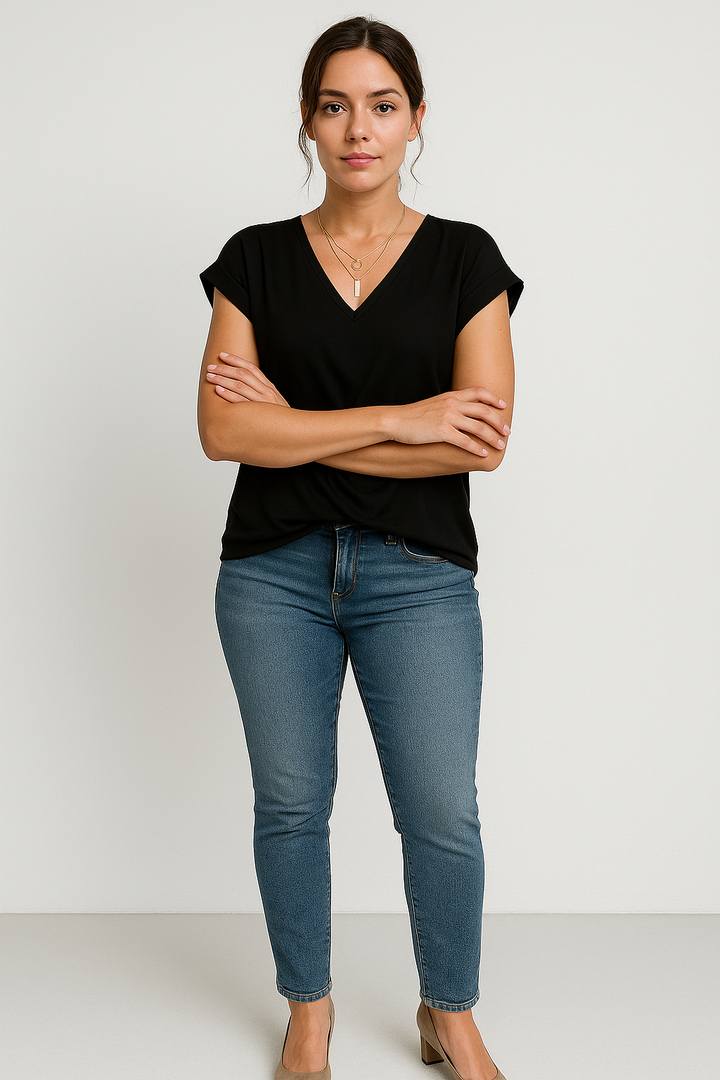 Women’s V-Neck Draped Short Sleeve Blouse