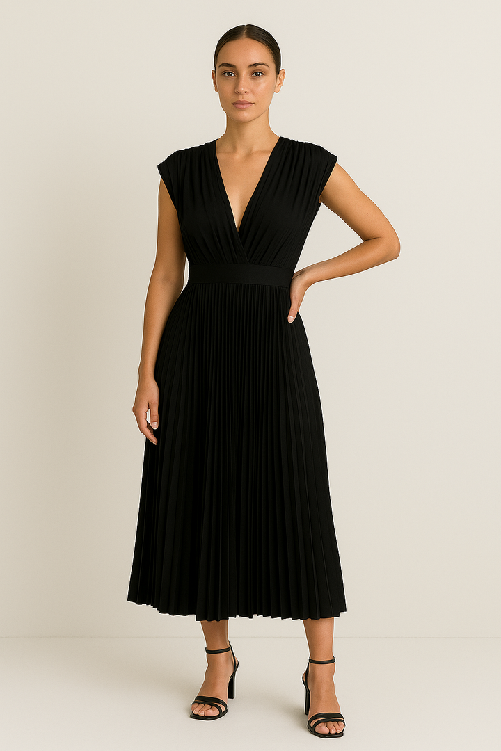 Women's Elegant V-Neck Pleated Midi Dress