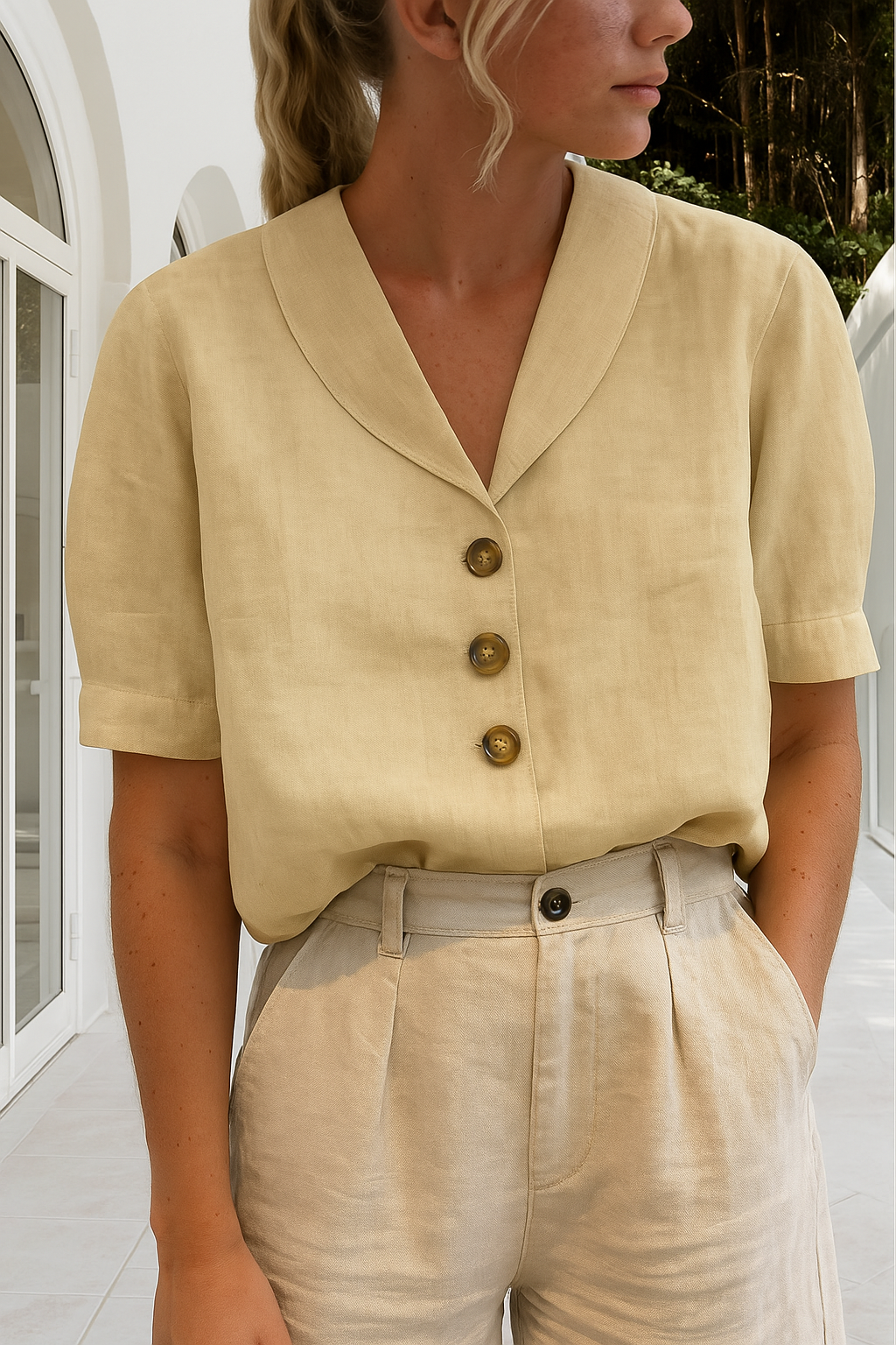 Envelope Neckline Blouse with Button Detail – Short and Long Sleeve