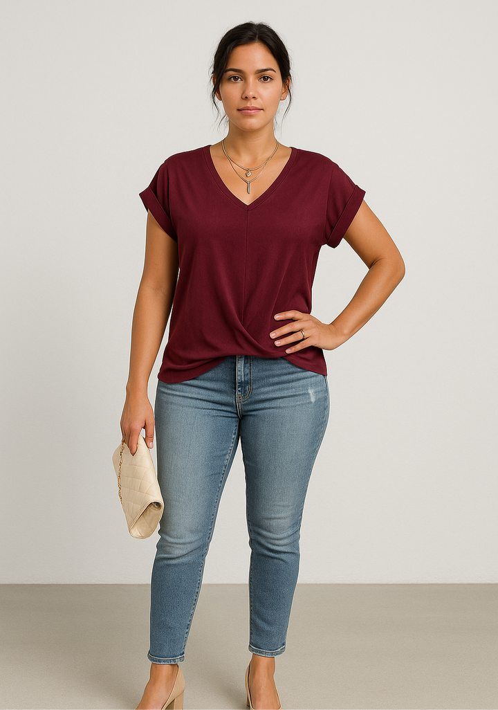 Women’s V-Neck Draped Short Sleeve Blouse