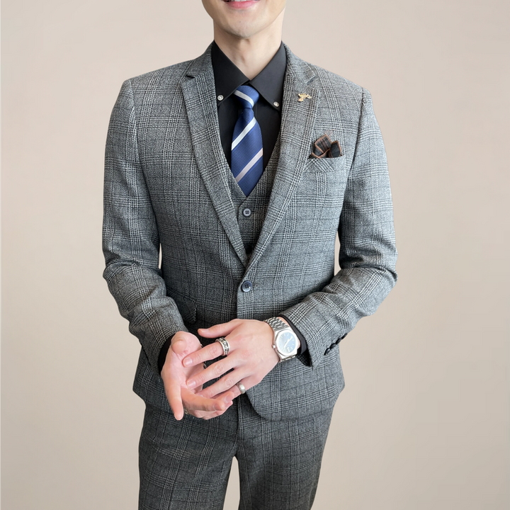 High Quality Modified Plaid Three-Piece Suit for Men - Stylish Business Suit