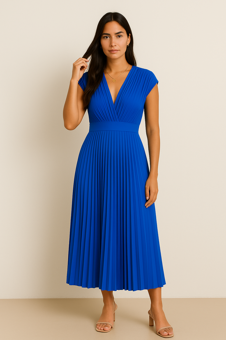 Women's Elegant V-Neck Pleated Midi Dress