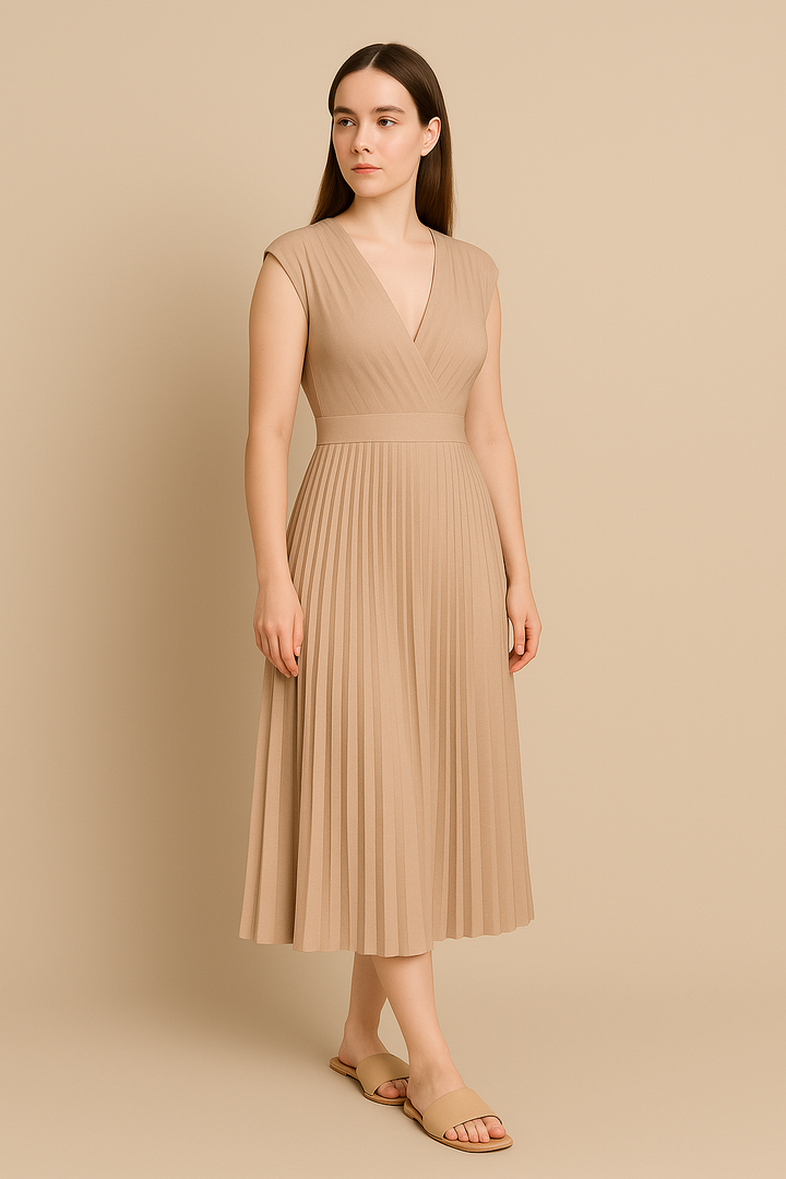Women's Elegant V-Neck Pleated Midi Dress