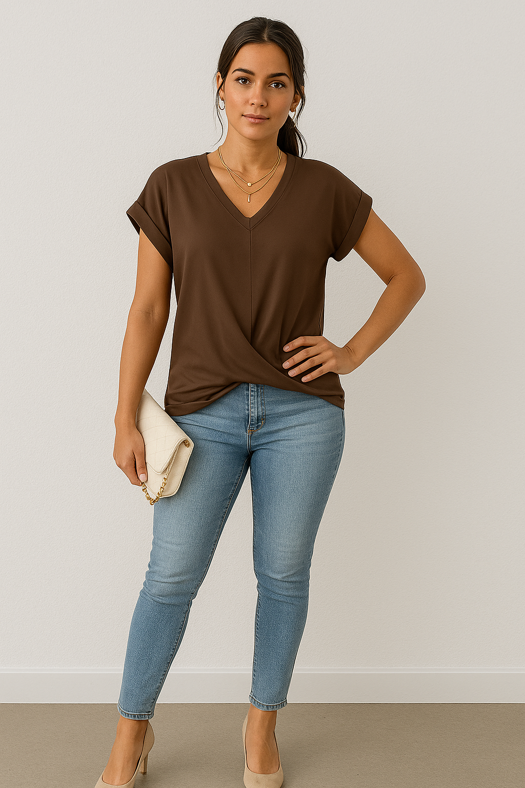Women’s V-Neck Draped Short Sleeve Blouse