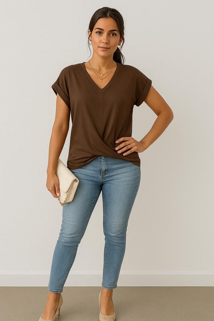 Women’s V-Neck Draped Short Sleeve Blouse