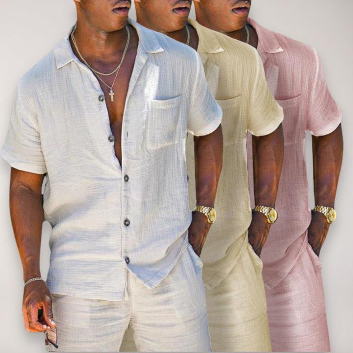 Men’s Linen Two-Piece Summer Set – Short Sleeve Shirt & Shorts with Relaxed Fit
